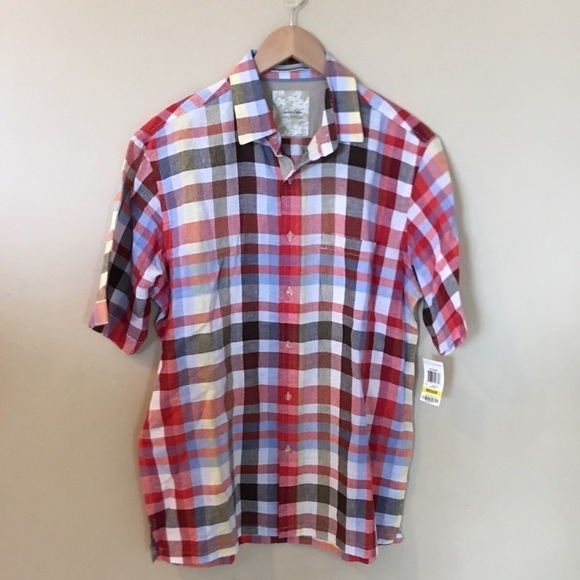 NWT Tasso Elba multi color men’s casual check short sleeve button up top medium - Picture 1 of 5